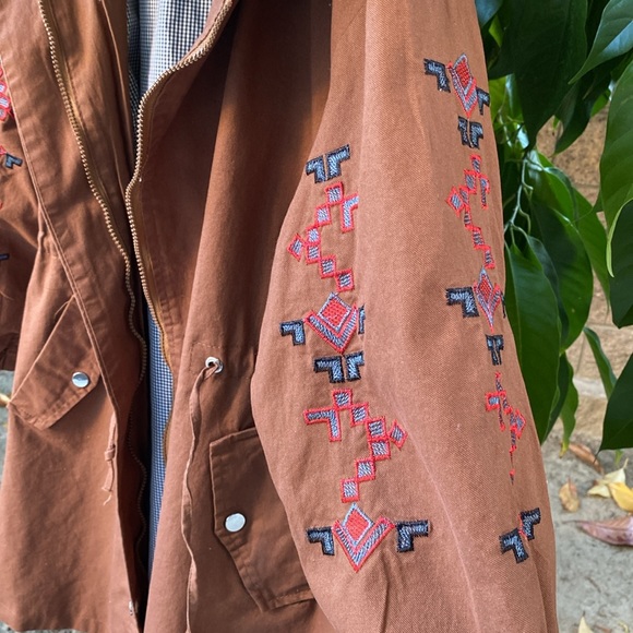 Jackets & Blazers - Terracotta Clay Hooded Jacket with Southwest Geometric Accents on Sleeves Size L
